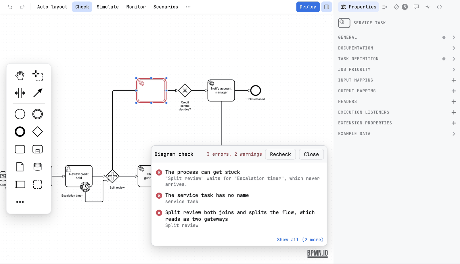 The editor with the Diagram check card open at the bottom right, reading 3 errors, 2 warnings. A service task with no name is outlined in red on the canvas, and the sidebar shows Properties for a service task