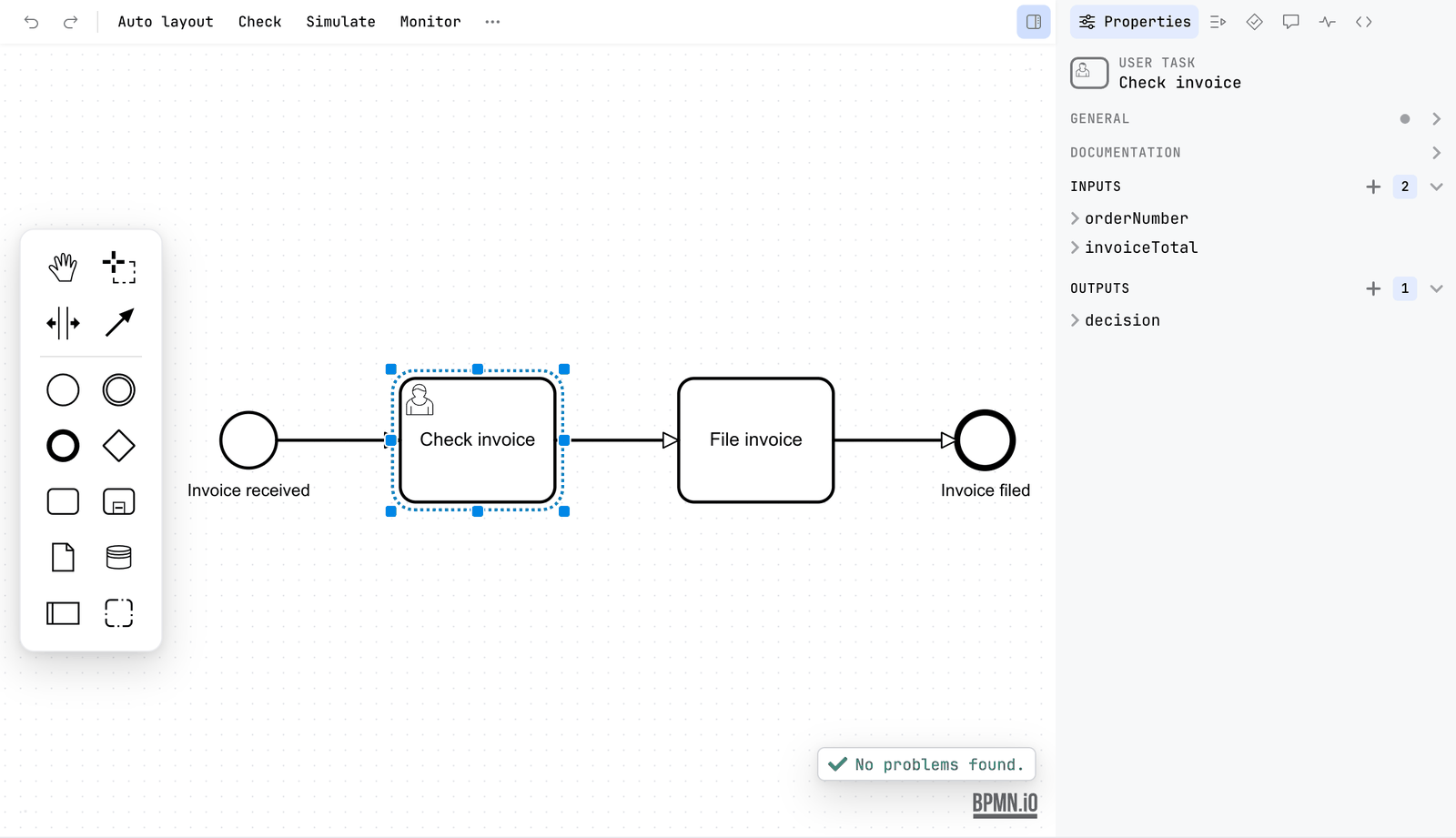 The user task Check invoice selected. The sidebar shows the groups General and Documentation, then Inputs with 2 entries, orderNumber and invoiceTotal, and Outputs with 1 entry, decision