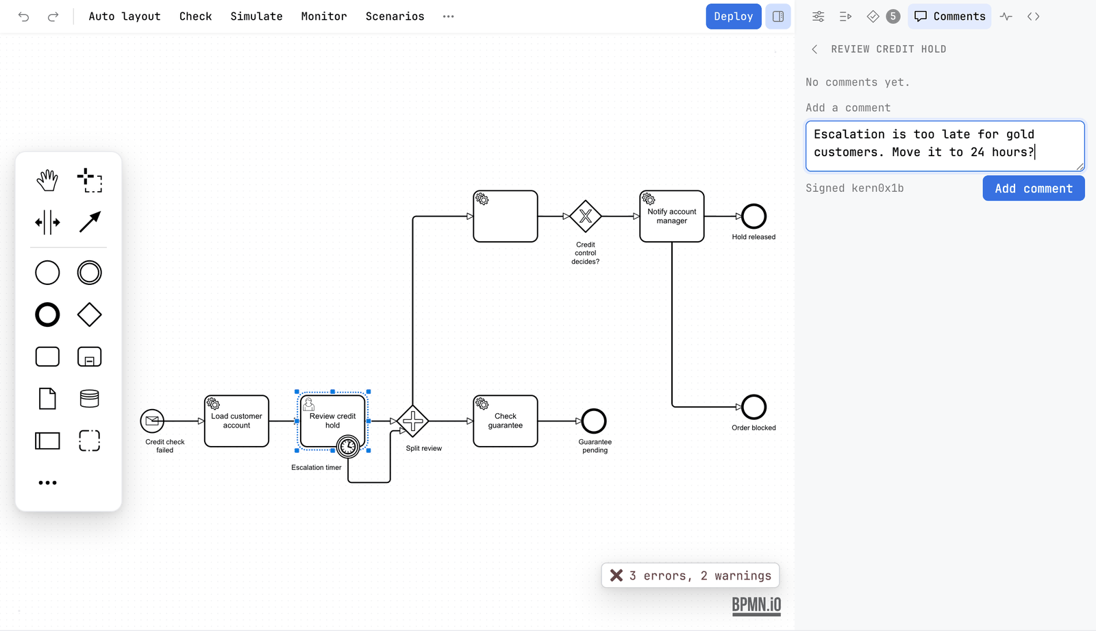 The Comments tab for Review credit hold with No comments yet. The field Add a comment holds the text Escalation is too late for gold customers. Move it to 24 hours? The line under it says Signed kern0x1b, and Add comment is a blue button