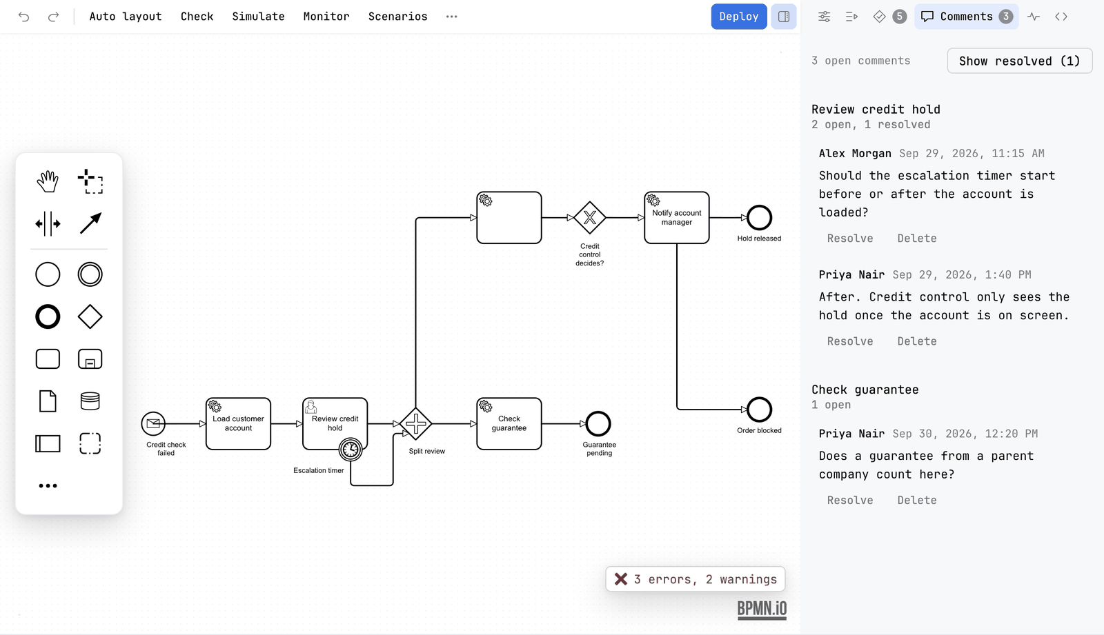 The Comments tab with nothing selected. It says 3 open comments and has a button Show resolved (1). Review credit hold is listed with 2 open, 1 resolved and two comments, and Check guarantee with 1 open and one comment