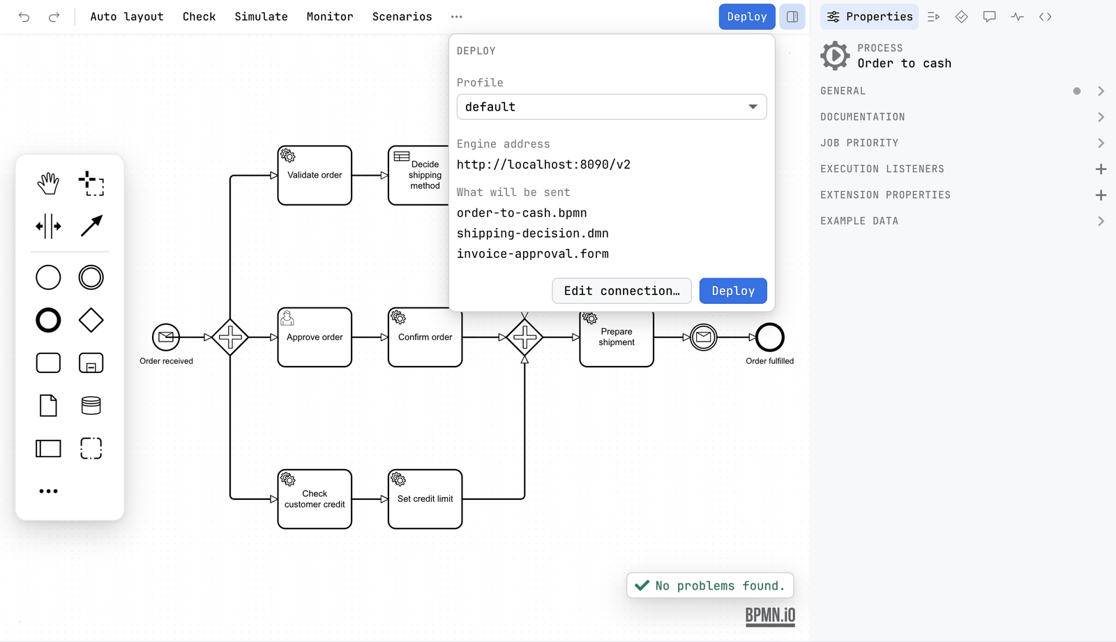The Deploy popover open under the Deploy button. The field Profile is set to default, the Engine address is http://localhost:8090/v2, What will be sent lists order-to-cash.bpmn, shipping-decision.dmn and invoice-approval.form, and Edit connection and Deploy are at the foot