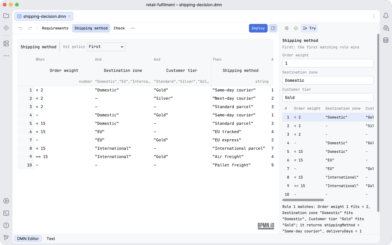 The shipping method decision table with its hit policy First, four columns and ten rules, and the Try tab of the sidebar with three typed values, the rules listed with rule 1 marked as the match and the sentence saying why it matches