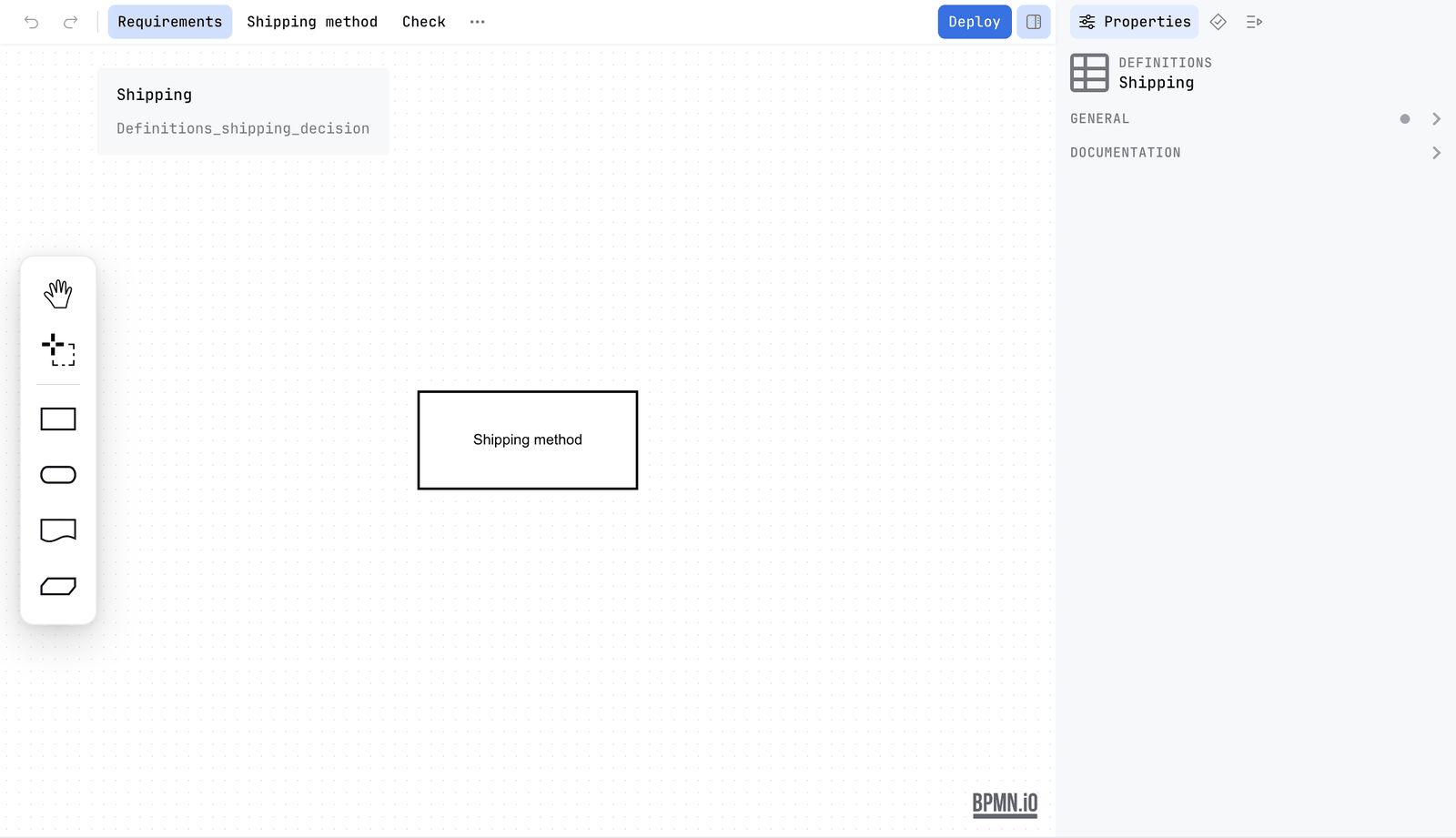 The Requirements view of a decision file: a card named Shipping at the top left and one box named Shipping method on the canvas. The Properties tab shows the definitions named Shipping, with General and Documentation