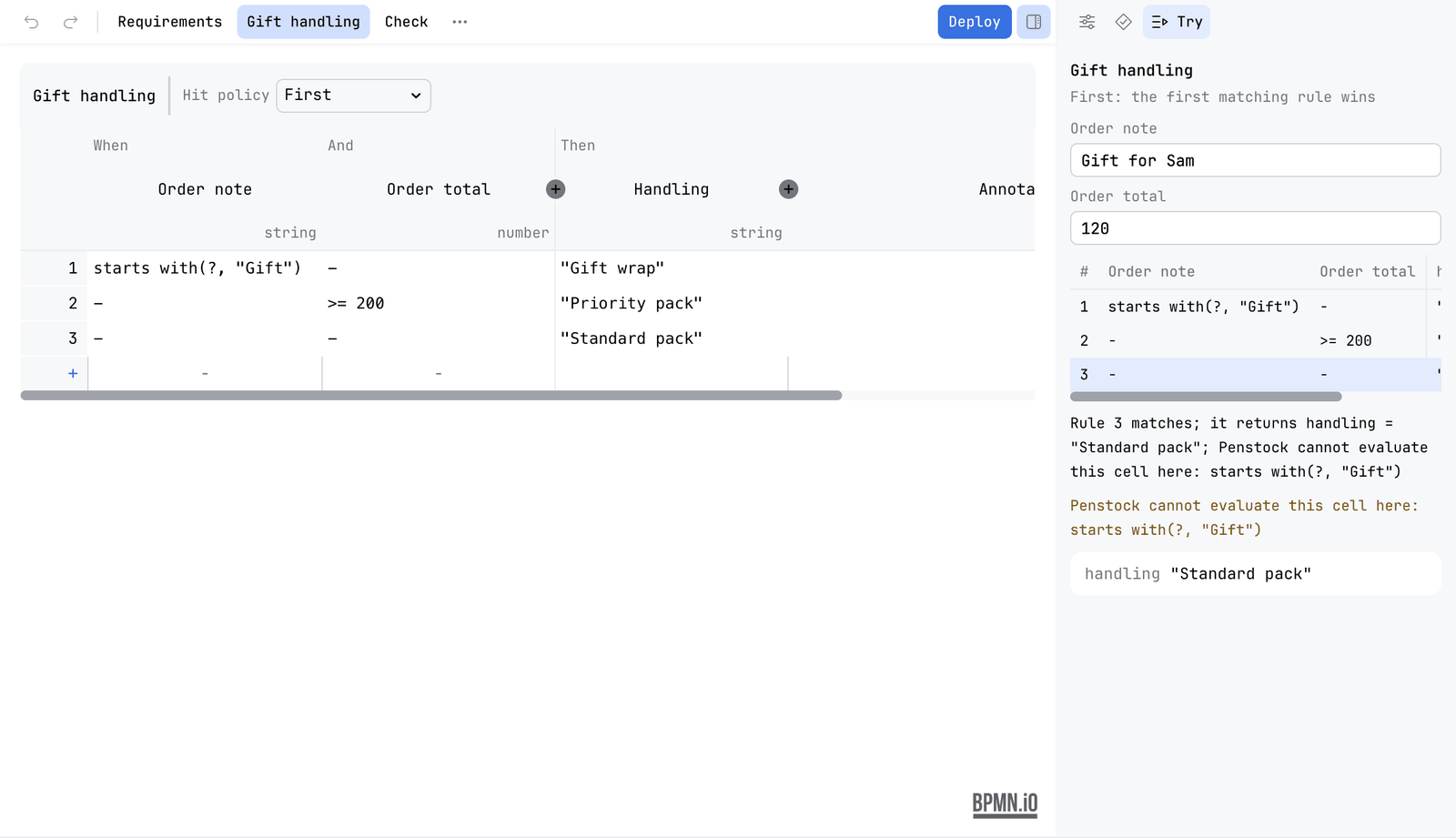 The Try tab beside the Gift handling table, with Order note Gift for Sam and Order total 120. Rule 3 is marked. The sentence says Rule 3 matches; it returns handling = Standard pack; Penstock cannot evaluate this cell here: starts with(?, 