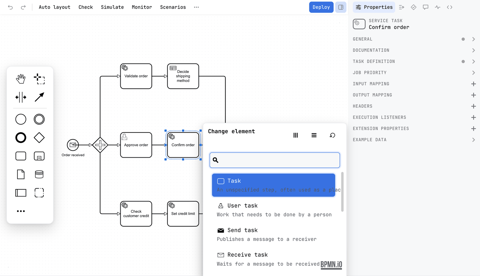 A Change element menu open beside the selected service task Confirm order, with a search field and a list that starts with Task, User task, Send task and Receive task, each with a line of description