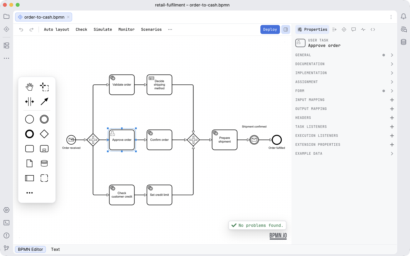 A Camunda 8 diagram open in the editor, with a service task selected, its properties in the sidebar and the raw XML one tab away