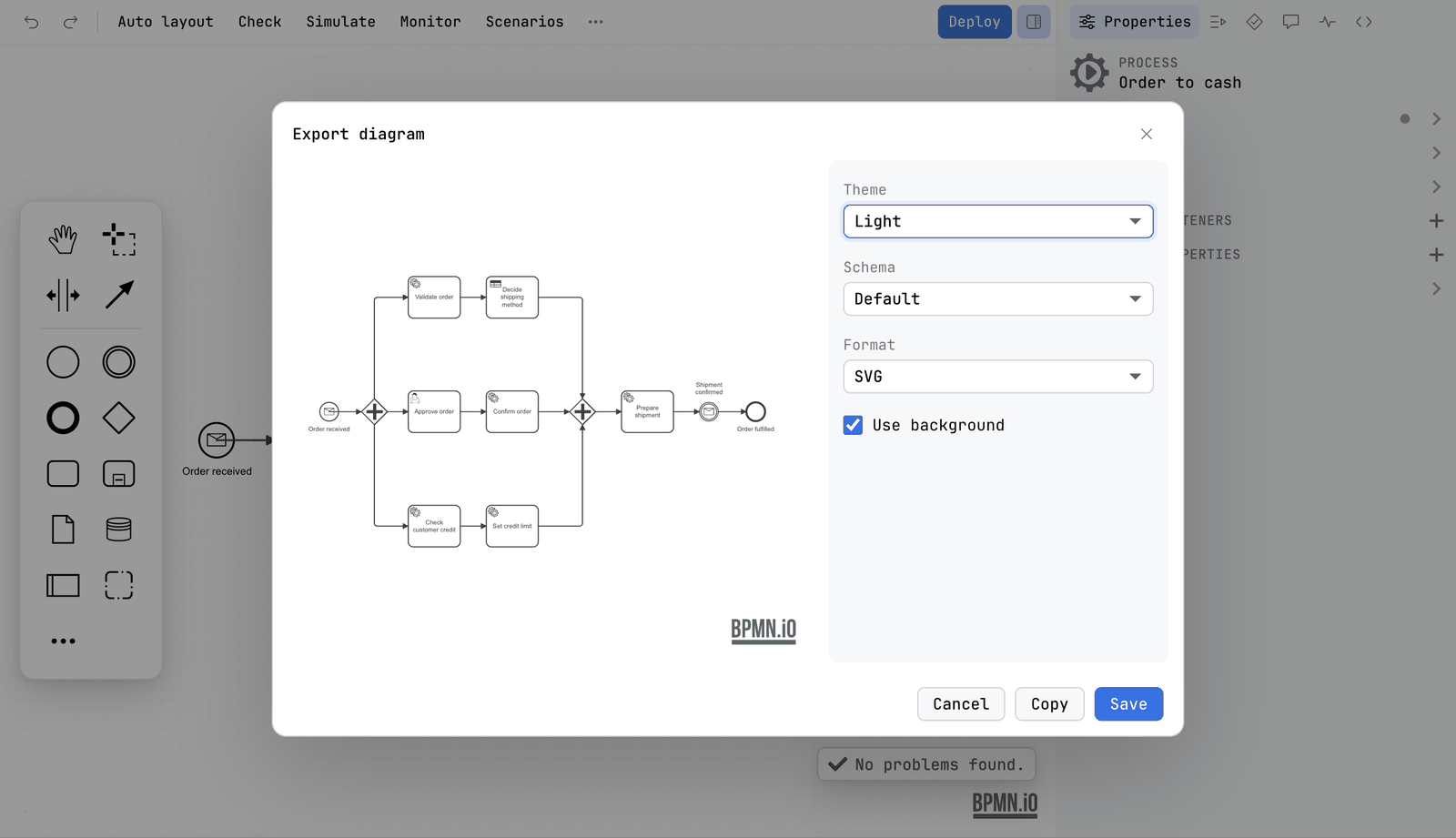 The Export diagram dialog over the editor. The diagram is drawn small on the left. On the right are Theme set to Light, Schema set to Default, Format set to SVG and Use background ticked. Cancel, Copy and Save are in one row at the bottom right