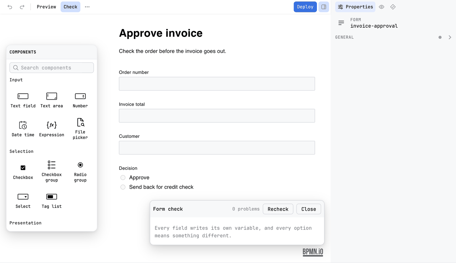 The invoice approval form with the Form check card open at the bottom right. It reads 0 problems, with Recheck and Close, and the line Every field writes its own variable, and every option means something different