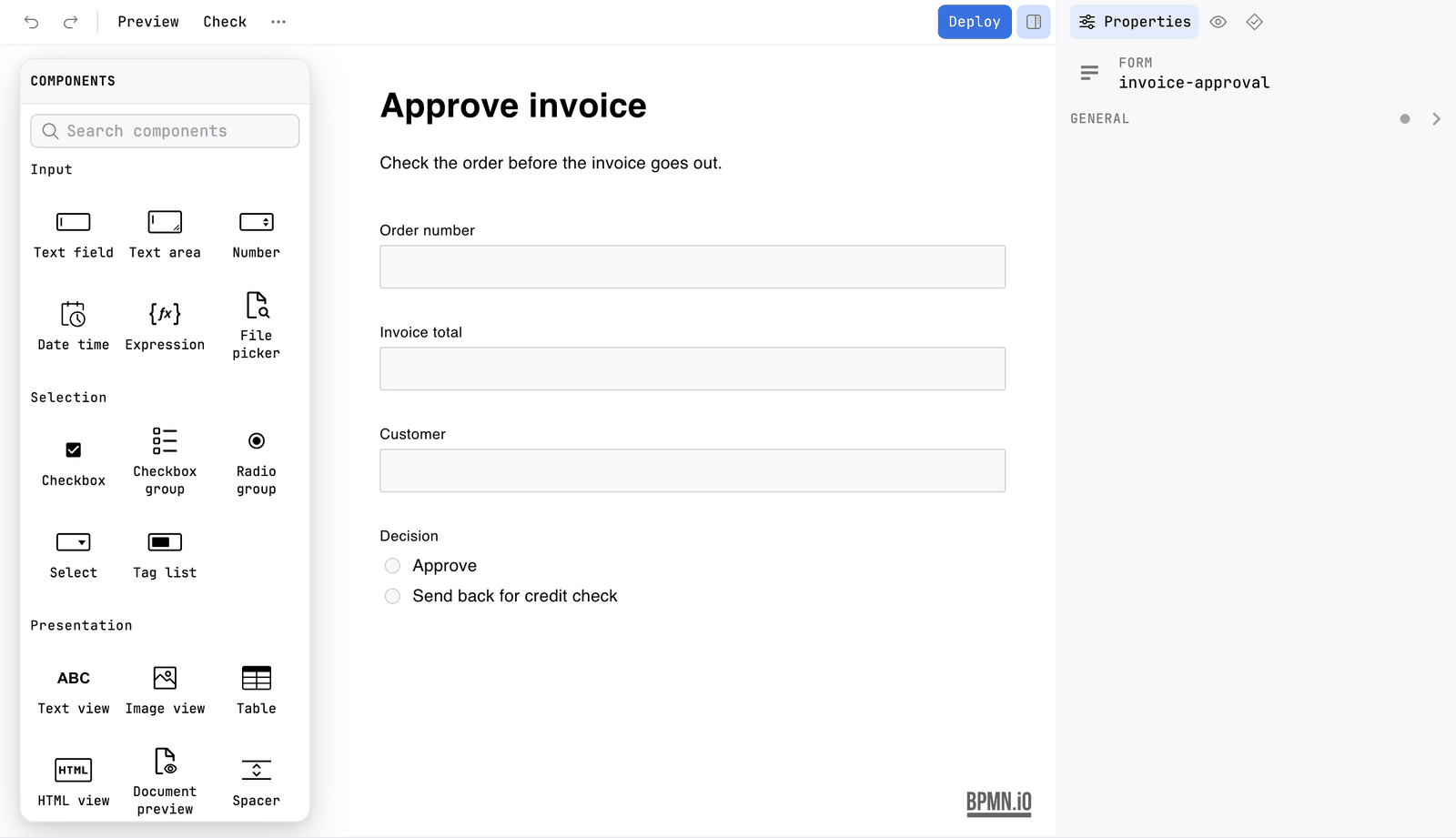 The invoice approval form in the form editor. The Components palette is a floating island at the left with the groups Input, Selection and Presentation. The form Approve invoice is in the middle, and the sidebar shows Properties for the form invoice-approval