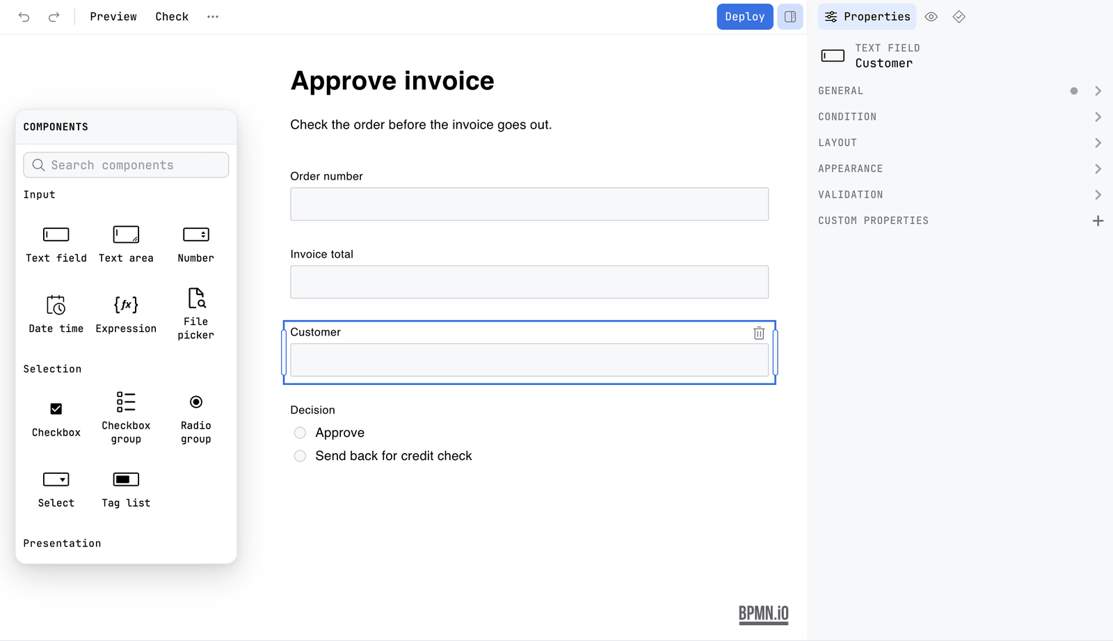 The Customer field of the form selected, with a blue frame and a bin icon on it. The sidebar shows Properties for a text field named Customer, with the groups General, Condition, Layout, Appearance, Validation and Custom properties
