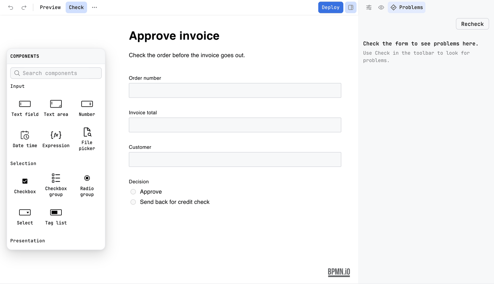 The Problems tab of a form that has not been checked. A Recheck button is at the top right and the tab says Check the form to see problems here, and Use Check in the toolbar to look for problems