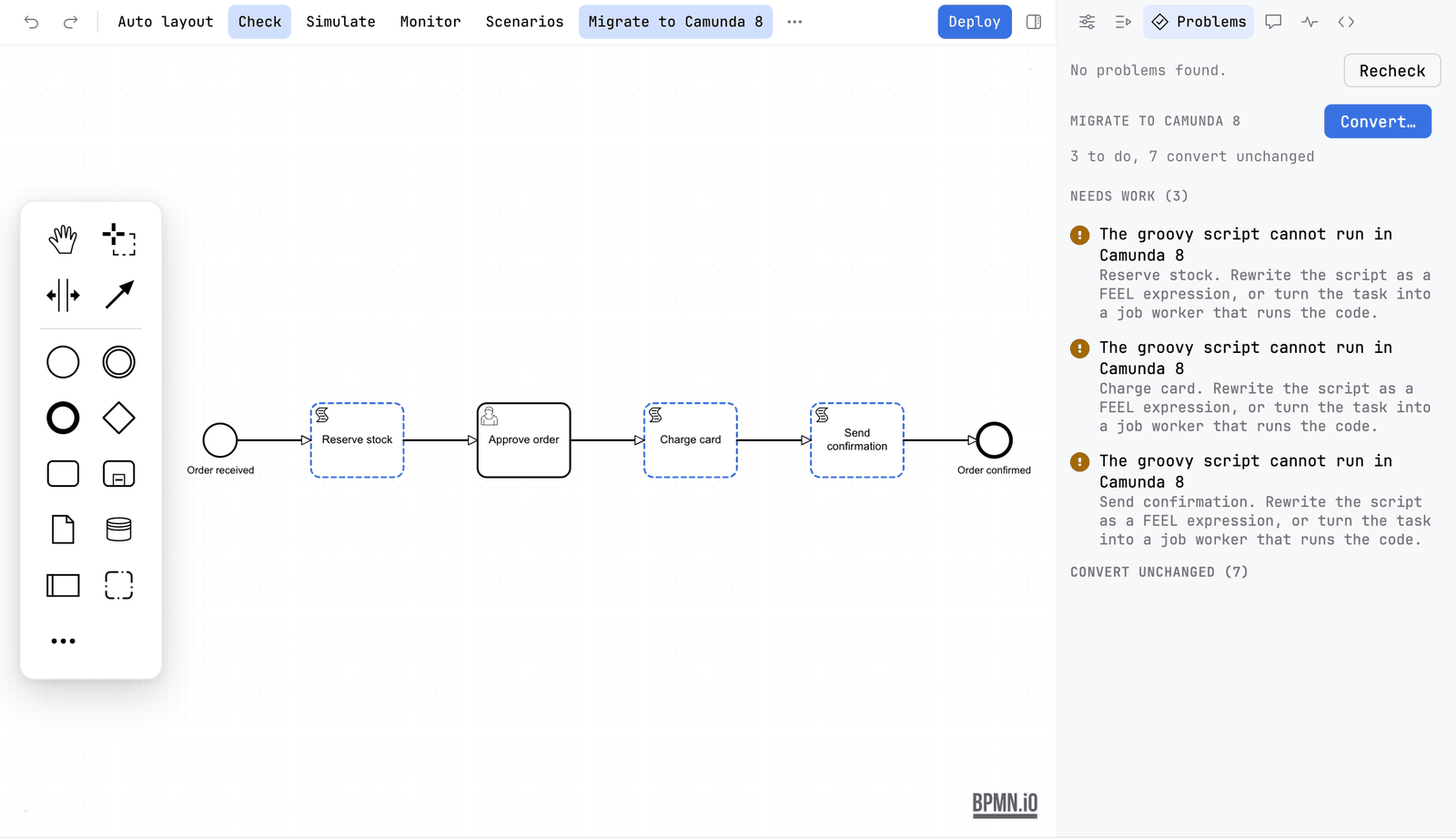 A Camunda 7 diagram with Check and Migrate to Camunda 8 pressed. Three script tasks are outlined with a dashed blue line. The Problems tab reads No problems found and has the group Migrate to Camunda 8, a Convert button, 3 to do, 7 convert unchanged, and three findings The groovy script cannot run in Camunda 8
