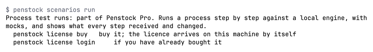 A terminal running penstock scenarios run on a machine without a licence. It says Process test runs are part of Penstock Pro, and gives two commands: penstock license buy and penstock license login
