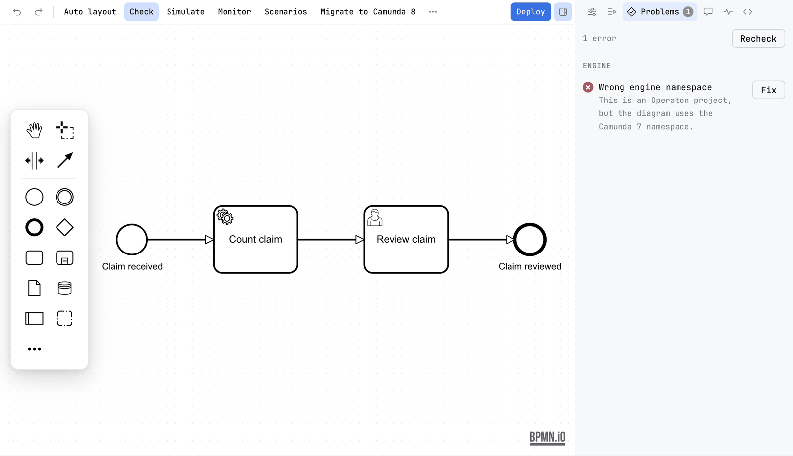 The Problems tab reading 1 error. Under the group Engine, the finding Wrong engine namespace: This is an Operaton project, but the diagram uses the Camunda 7 namespace, with a Fix button at its right