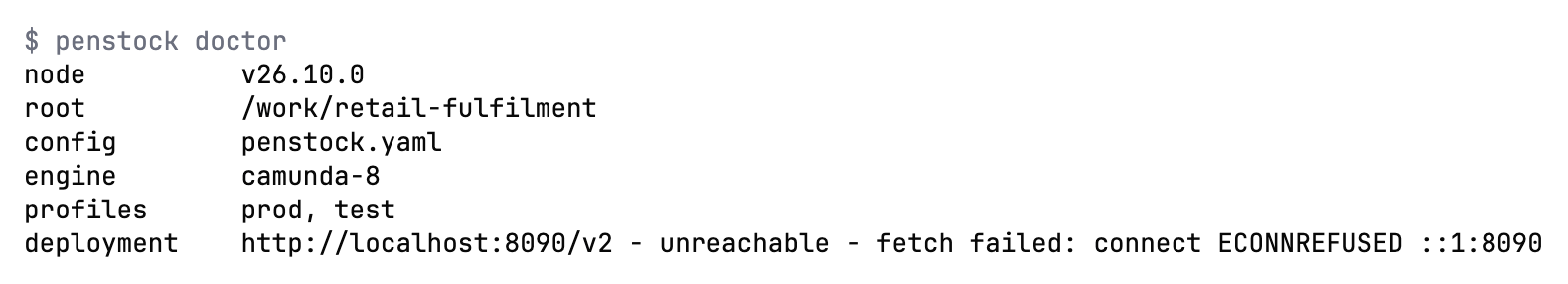 A terminal running penstock doctor. It prints node, root, config penstock.yaml, engine camunda-8, profiles prod, test, and deployment http://localhost:8090/v2 as unreachable with the reason fetch failed