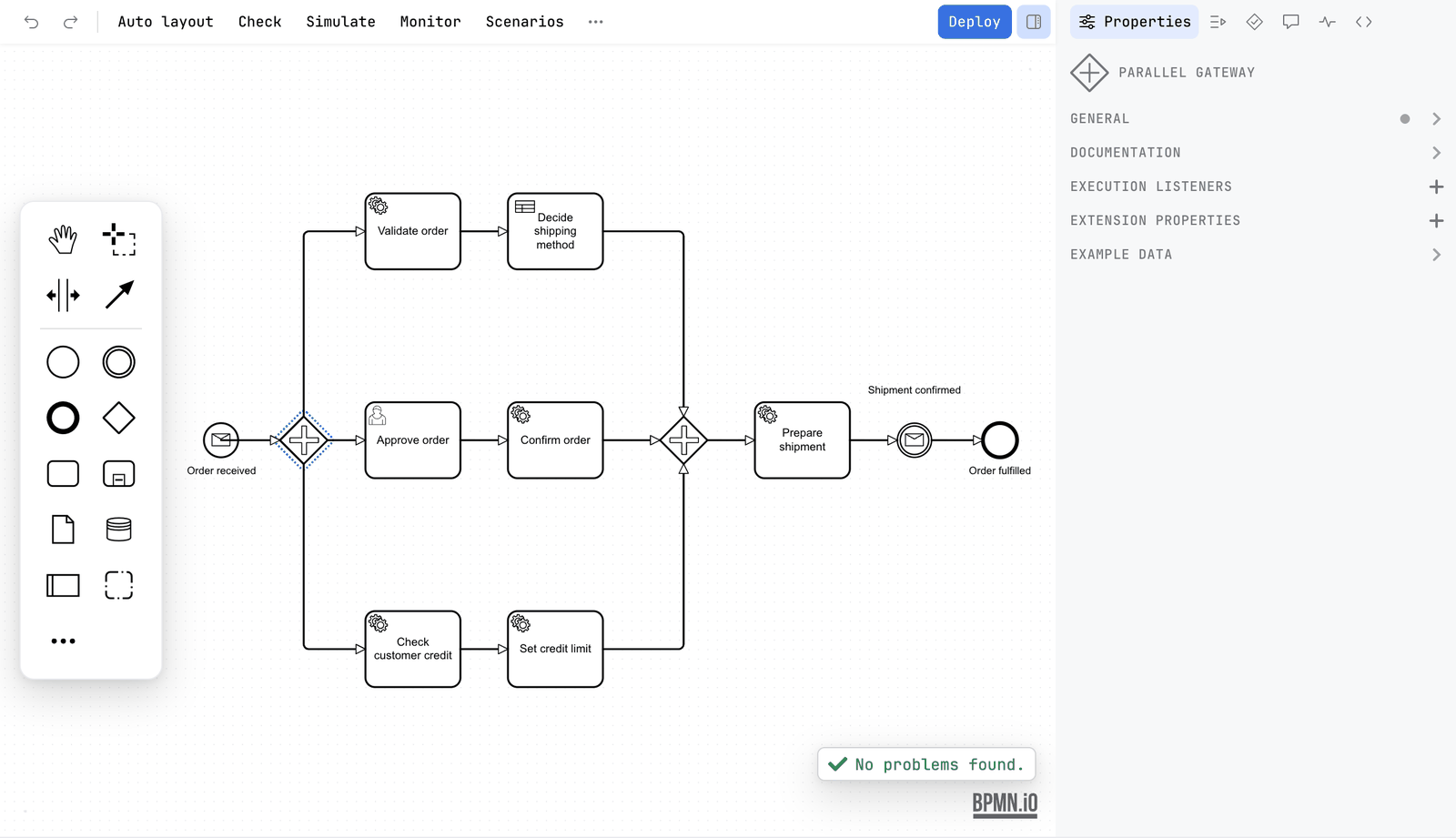 A parallel gateway selected in the order-to-cash diagram. The sidebar shows only General, Documentation, Execution listeners, Extension properties and Example data