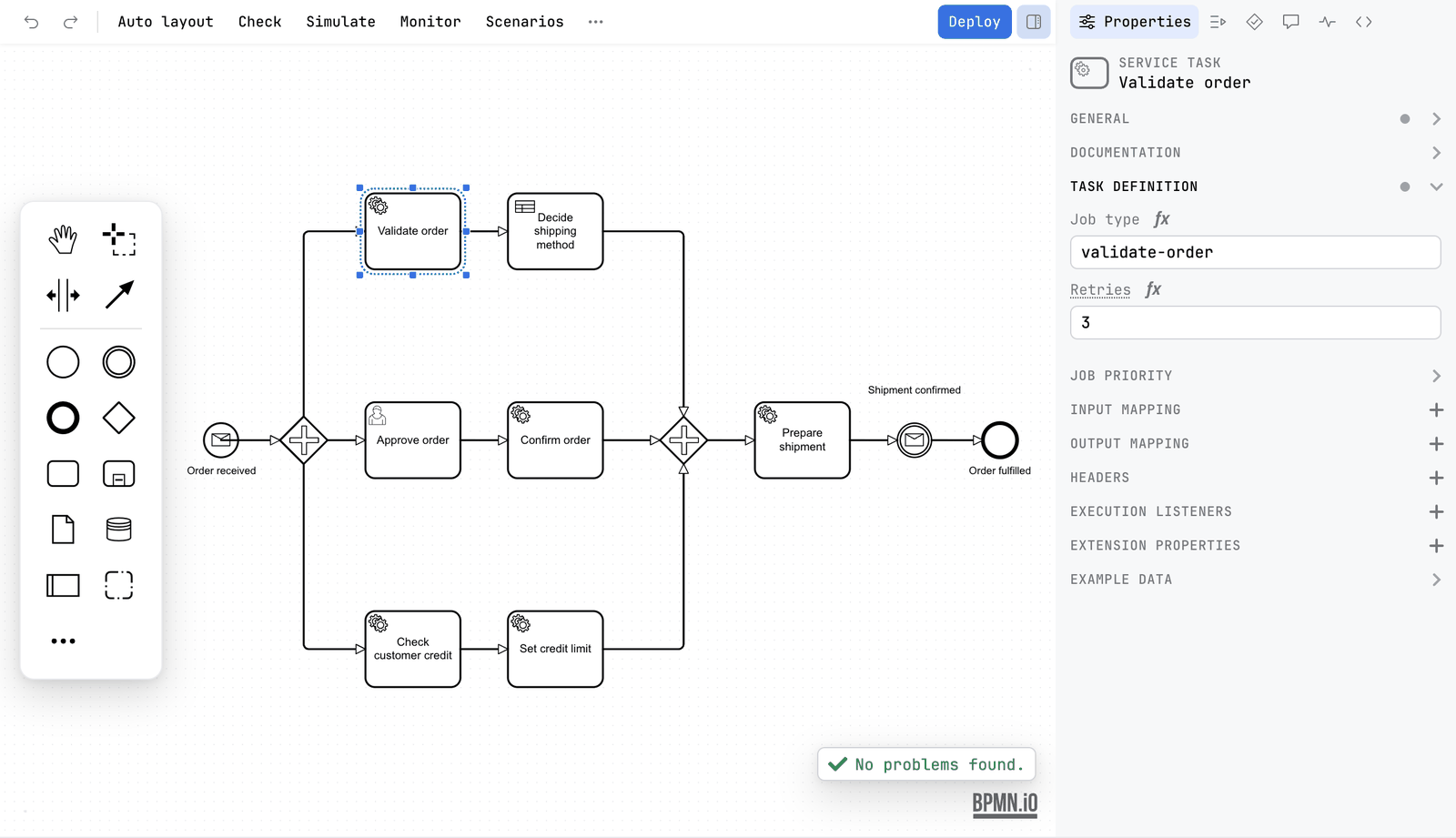 The service task Validate order selected in the order-to-cash diagram. In the sidebar the Task definition group is open, with Job type validate-order and Retries 3. The groups General, Documentation, Job priority, Input mapping, Output mapping, Headers, Execution listeners, Extension properties and Example data are closed