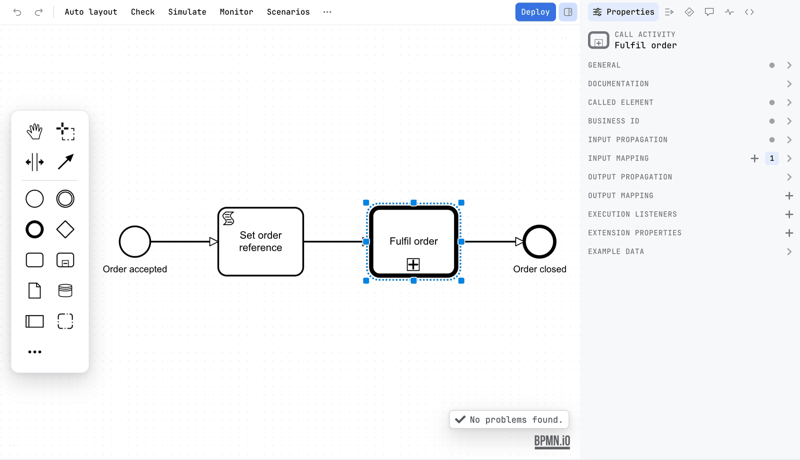 The call activity Fulfil order selected. The sidebar lists General, Documentation, Called element, Business ID, Input propagation, Input mapping with 1 entry, Output propagation, Output mapping, Execution listeners, Extension properties and Example data