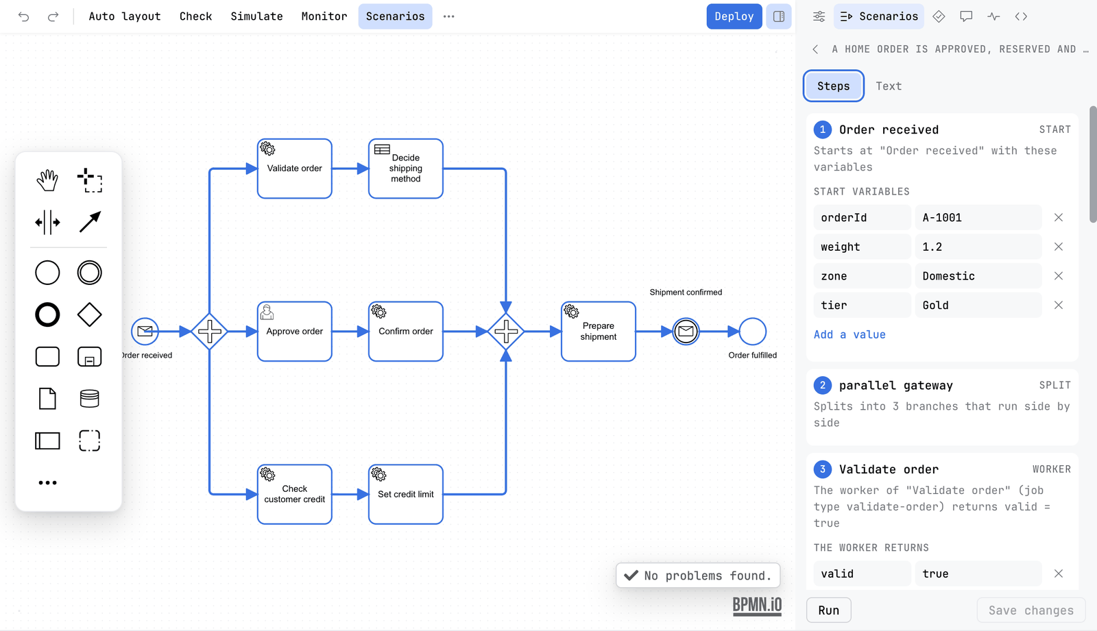 A scenario open in the Scenarios tab, on the Steps view. A row with a back arrow and the scenario name is above the tabs Steps and Text. Step 1 Order received lists the start variables orderId, weight, zone and tier, step 2 is a parallel gateway and step 3 is the worker of Validate order. The path of the scenario is drawn in blue on the canvas. Run and Save changes are at the foot