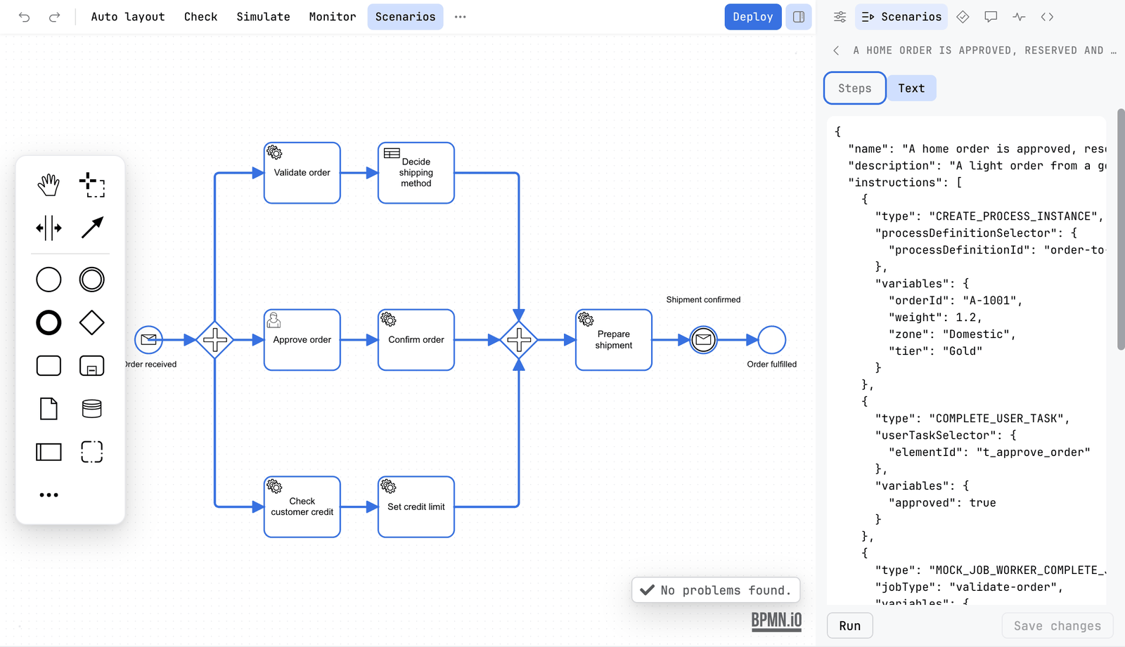 The same scenario on the Text view: the JSON of the scenario with its name, description and instructions, and the start variables orderId, weight, zone and tier. The path is still drawn on the canvas
