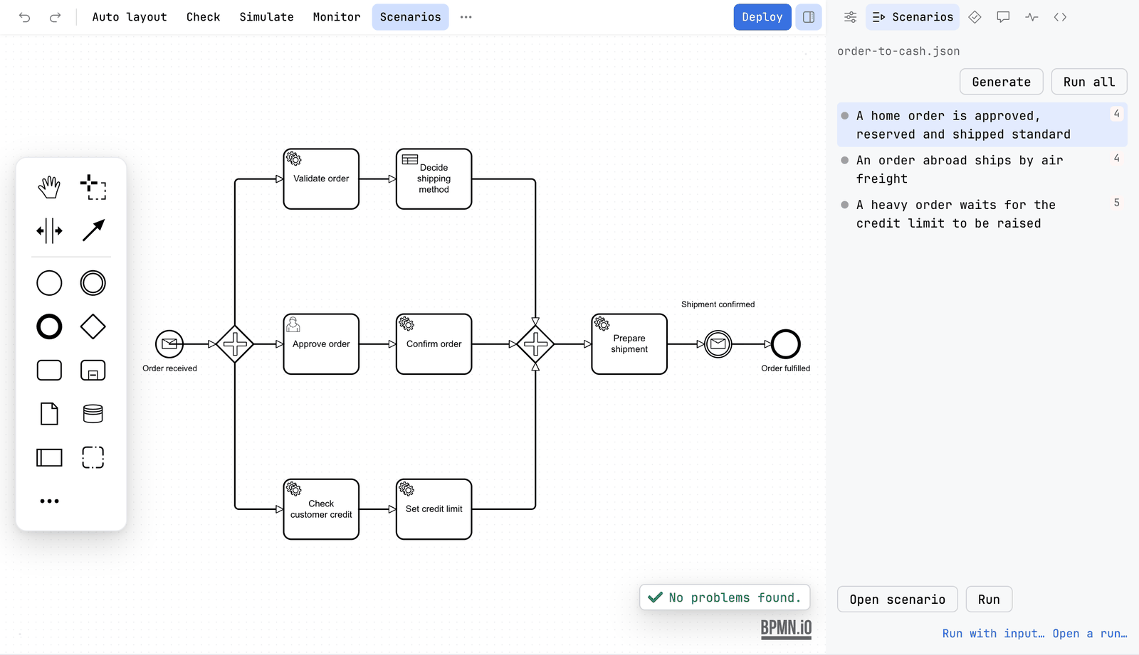 The Scenarios tab of the sidebar beside the order-to-cash diagram. It names the file order-to-cash.json, has Generate and Run all above a list of three scenarios, and Open scenario and Run below it, with Run with input and Open a run at the foot