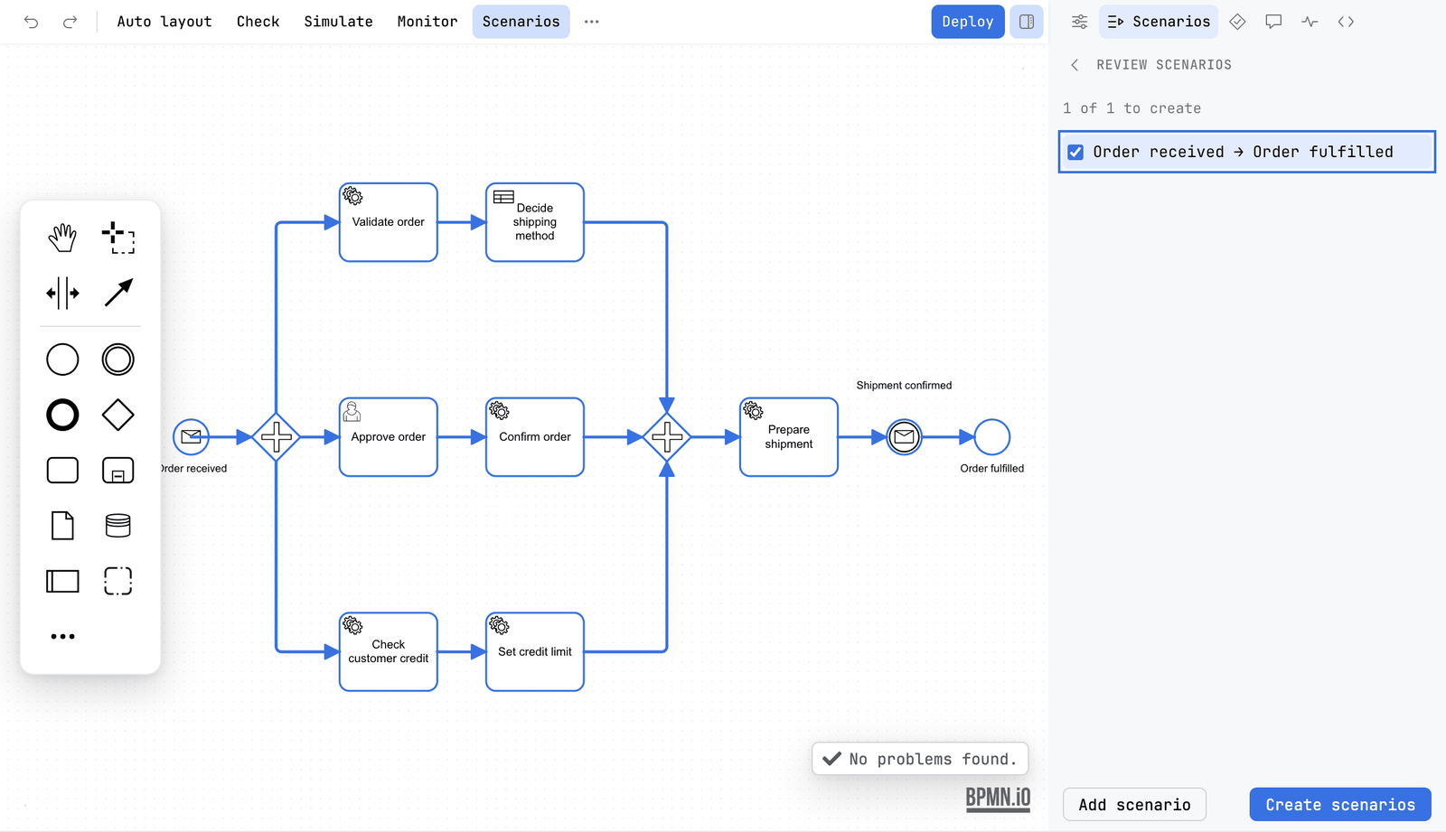 The Scenarios tab after Generate, showing Review scenarios. It says 1 of 1 to create, with one ticked row, Order received to Order fulfilled. Add scenario and Create scenarios are at the foot. The paths of the diagram are drawn in blue on the canvas
