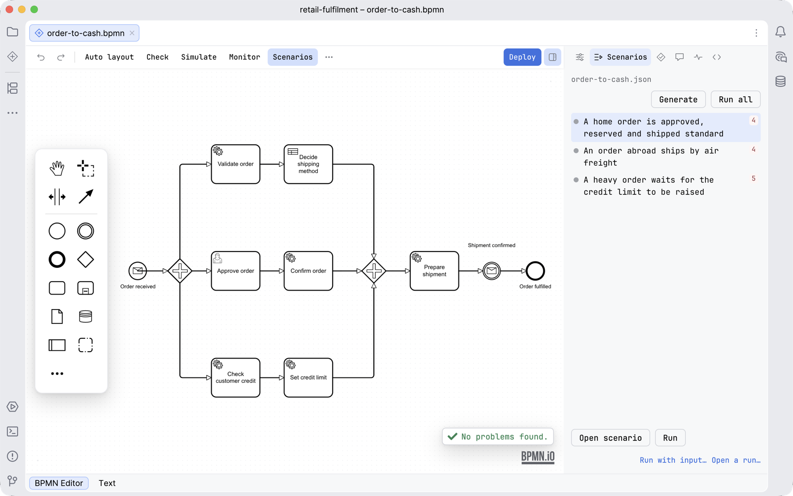 The Scenarios tab of the sidebar in the IDE, listing the three scenarios of the order-to-cash diagram next to the diagram