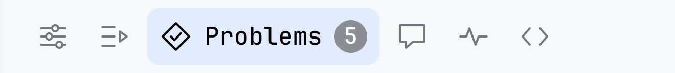 The tab row of a diagram: an icon for Properties, an icon for Scenarios, the open tab Problems with a badge of 5, and icons for Comments, Monitor and Code