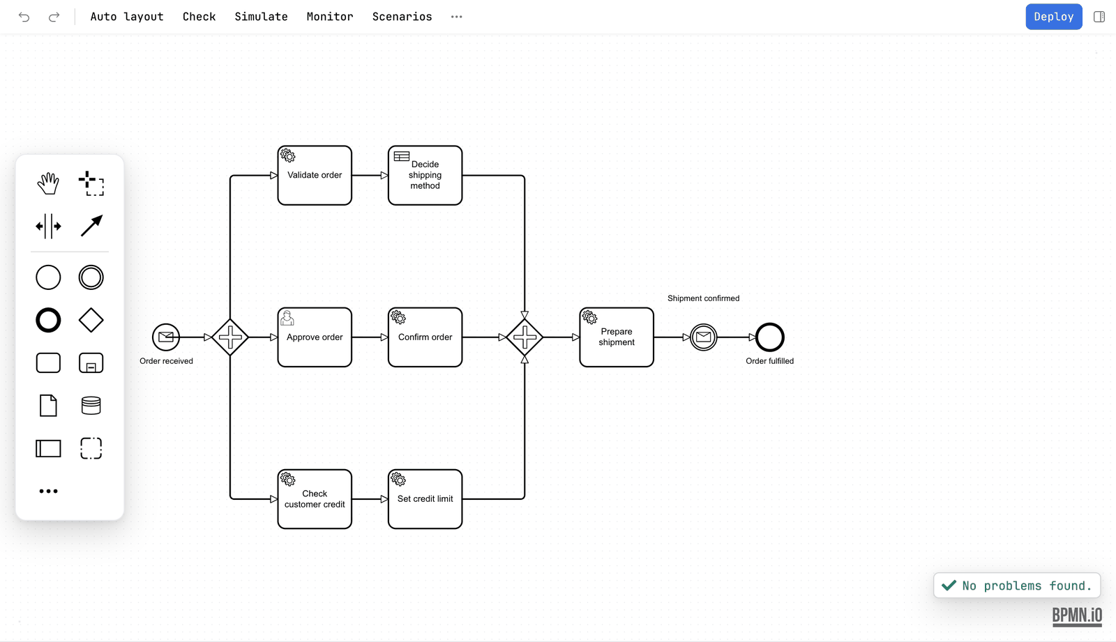 The diagram editor with the sidebar hidden. The canvas fills the window, and the sidebar toggle at the right end of the toolbar, beside Deploy, is not pressed