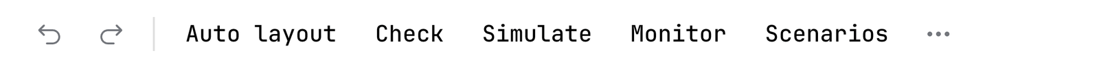 The left end of the toolbar of a diagram: undo and redo, then the words Auto layout, Check, Simulate, Monitor and Scenarios, then the More button