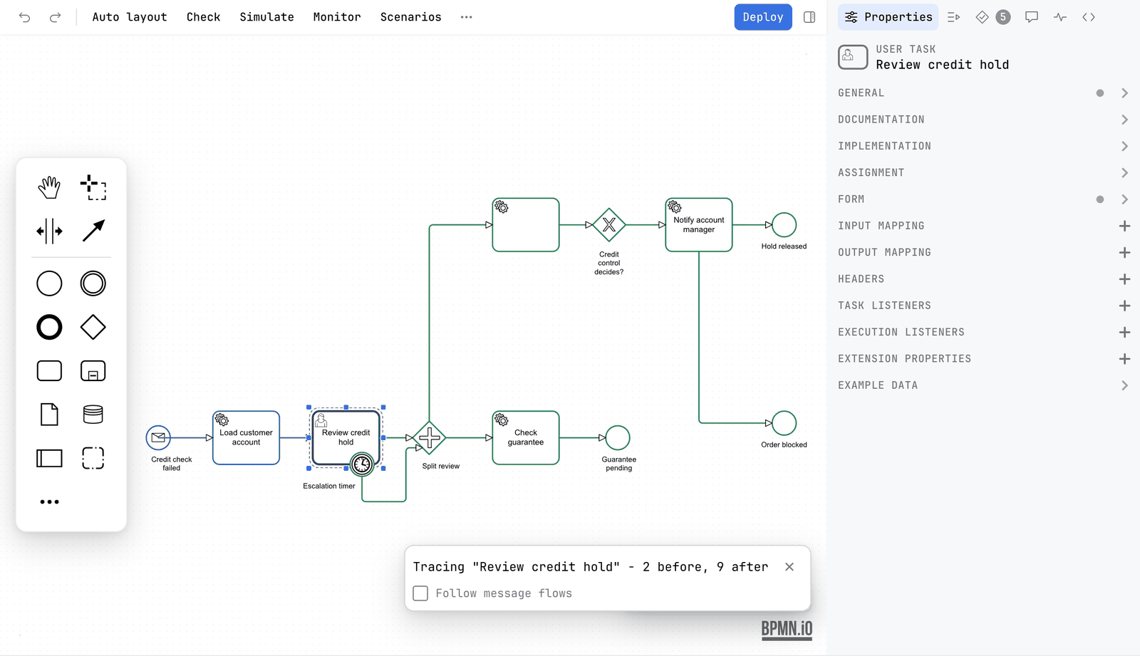 The user task Review credit hold selected, with a timer boundary event named Escalation timer on its edge. The path before it is blue and the paths after it, including the one from the boundary event, are green. The card reads Tracing 