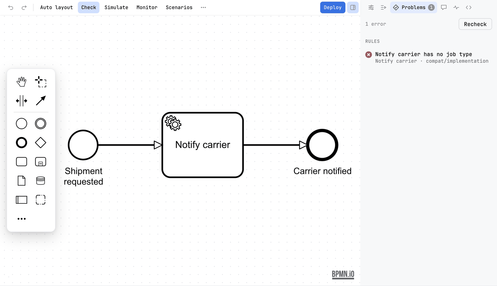 The Problems tab reading 1 error. Under the group Rules, the finding Notify carrier has no job type, Notify carrier, compat/implementation. The service task Notify carrier is on the canvas