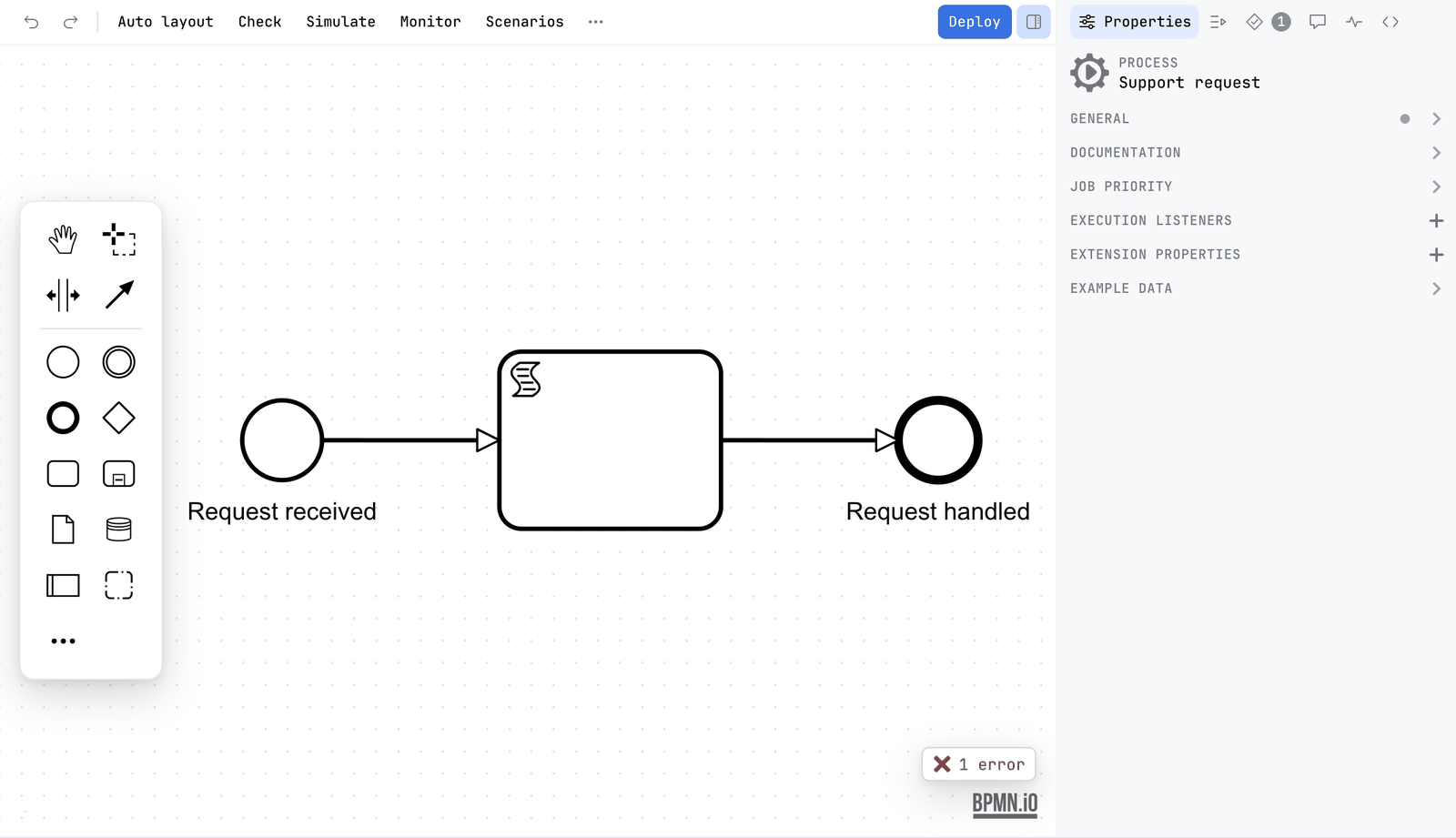 A diagram whose script task has no name. The toolbar pill reads 1 error, and the Problems tab of the sidebar has a badge of 1