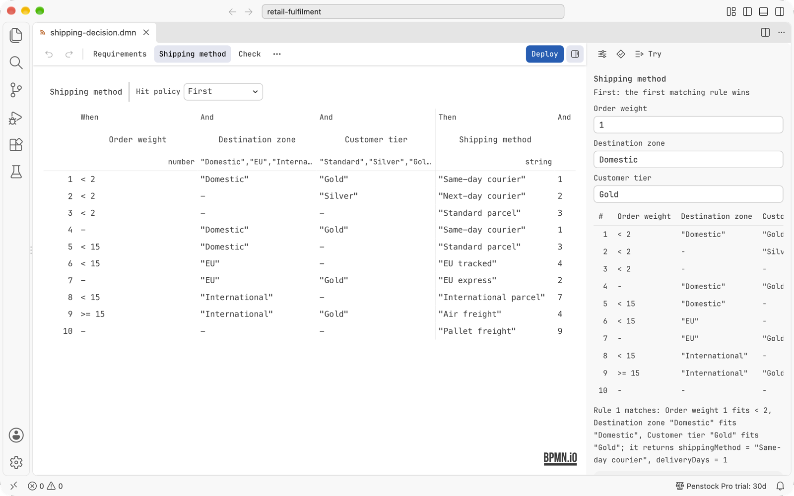 A DMN decision table with ten rules, and the Try tab of the sidebar showing that rule 1 matches and what it returns