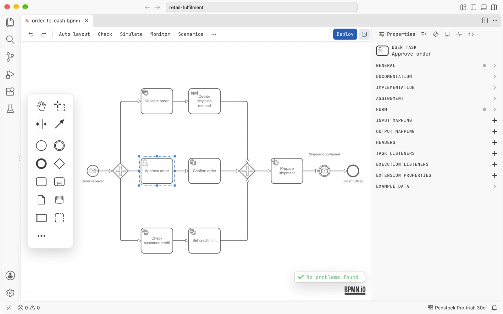 A VS Code window with a BPMN diagram open in the Penstock editor: the toolbar on top, the palette on the left, the diagram, and the Properties tab of the sidebar for a selected user task
