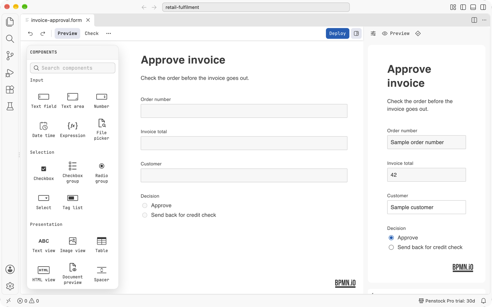 A Camunda form being edited, with the components palette on the left and the live preview in the sidebar