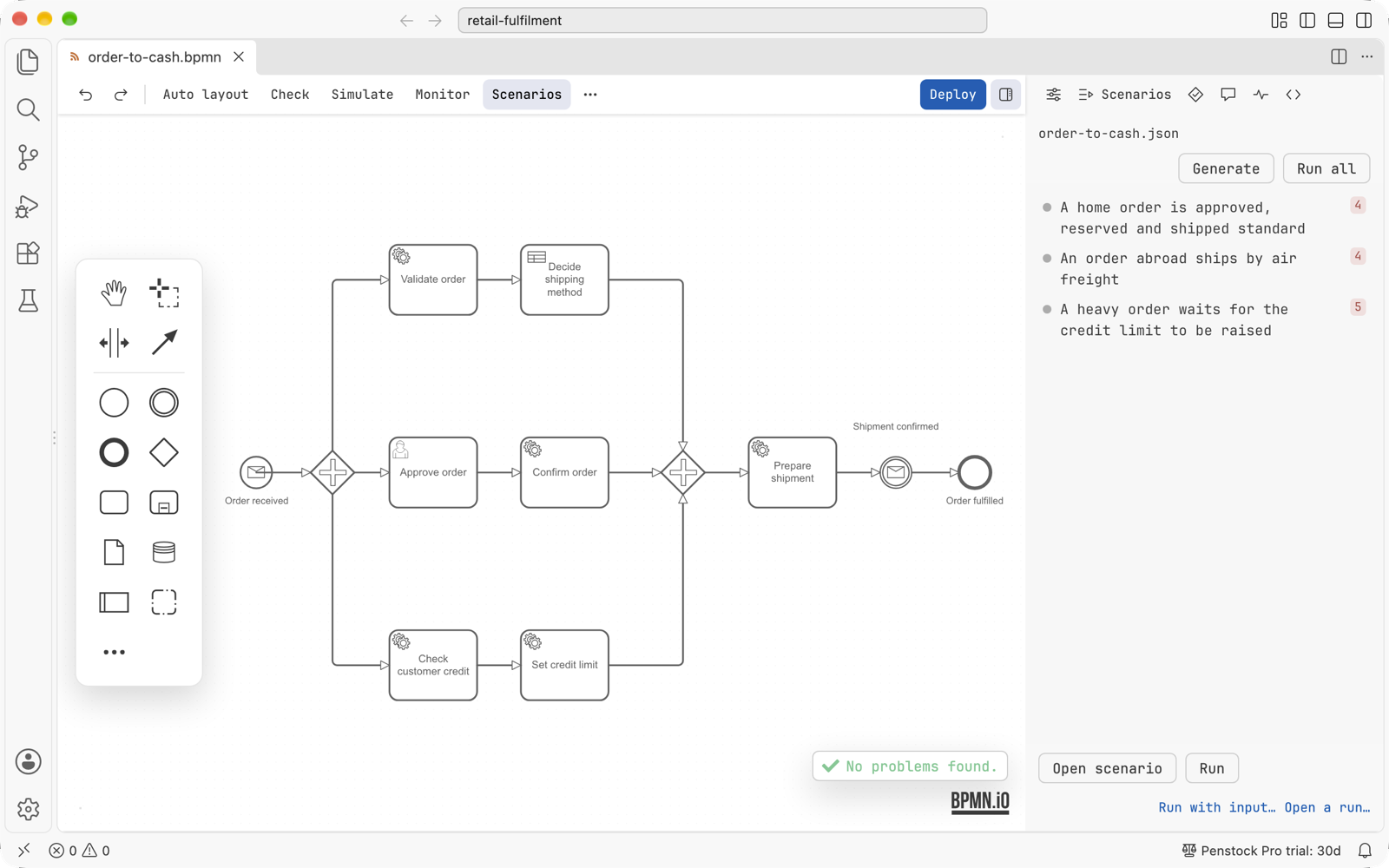 The Scenarios tab of the sidebar listing three scenarios of a diagram, with Generate and Run all